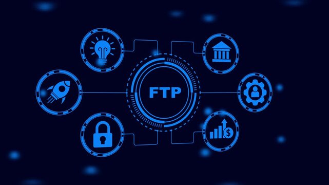 Central FTP Icon Connected to Business Technology and Innovation Symbols on Dark Blue Background file transfer protocol