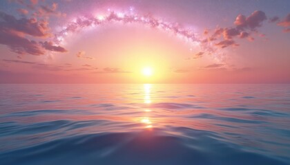 Obraz premium Serene ocean sunset with galaxy arc above. Calm sea water reflects vibrant colors of sky. Soft pink, purple, orange hues in serene evening sky with stars, clouds. Peaceful scene of natural beauty at