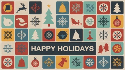 A festive and colorful collage of holiday icons and the words "Happy Holidays" on a textured background.