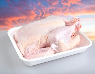 Raw whole chicken presented in a white styrofoam tray