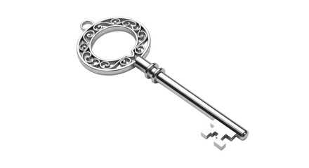 Isolated antique key with ornamental design for treasure and mystery opening, lock concept