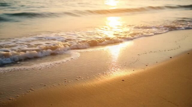 Golden sandy beach meeting ocean waves at sunset, creating tranquil coastal scene, warm light, smooth sand texture, seascape.