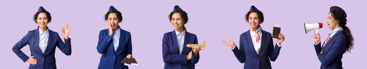 Set of African-American stewardess on lilac background