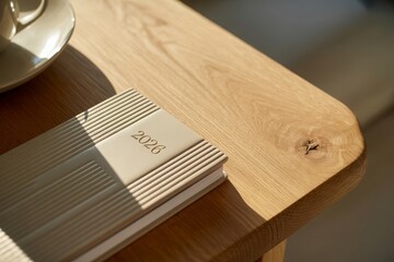 A close-up shot of a 2026 planner and a cup of coffee on a wooden table.