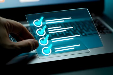Hand holding transparent screen with checklist over laptop keyboard in a dark lit environment