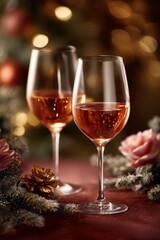 Naklejka premium Two Glasses of Rosу Wine on a Festive Table with Rose and Bokeh Lights