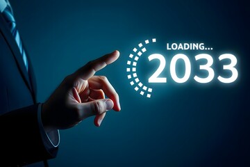 A hand reaching towards a loading screen with the year 2033 displayed on a dark blue background