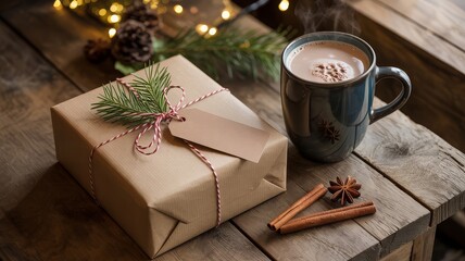 A cozy Christmas gift wrapped in brown paper sits beside a steaming mug of hot chocolate on a rustic wooden table.