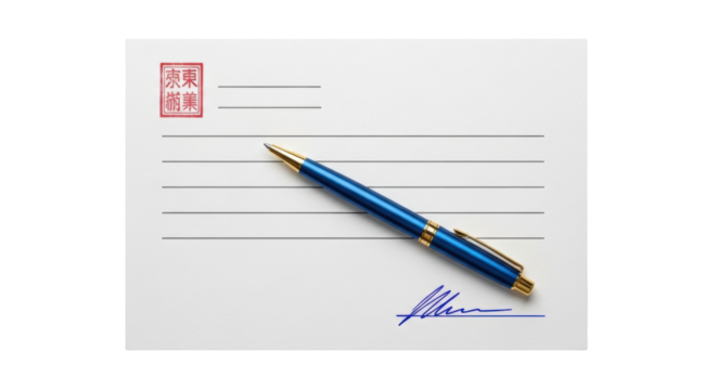 Isolated blank check, pen, and signature for business or personal banking document