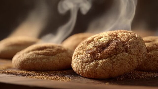 Freshly Baked Cinnamon Cookies Steaming Hot, Glowing with Warmth and Sweet Aroma, Bringing Comfort and Joy to Every Bite, Perfect for Treats and Celebrations