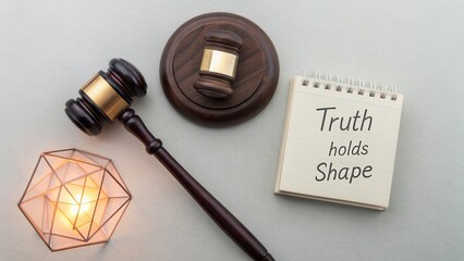 Justice and Truth Concept with Gavel, Notebook, and Geometric Object on Light Background