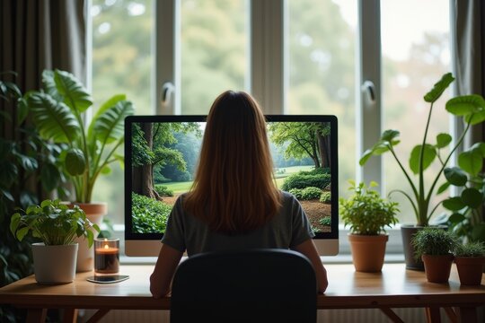 A person standing amidst houseplants in front of a computer with a serene outdoor backdrop during a virtual work webinar from home. - Powered by Adobe