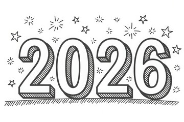 A hand-drawn illustration of the year 2026 with stars and sparkles, rendered in a sketchy, black and white style.