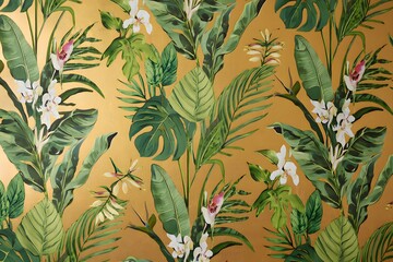 Detailed botanical pattern with tropical leaves and white flowers on a golden yellow background