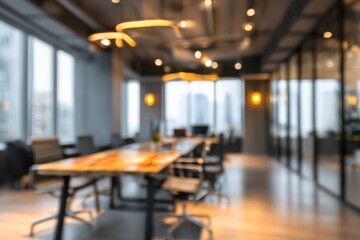 Blurred Modern Office Interior with Panoramic Windows