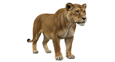 Isolated female lion stands and stares ahead, a majestic big cat of African wildlife