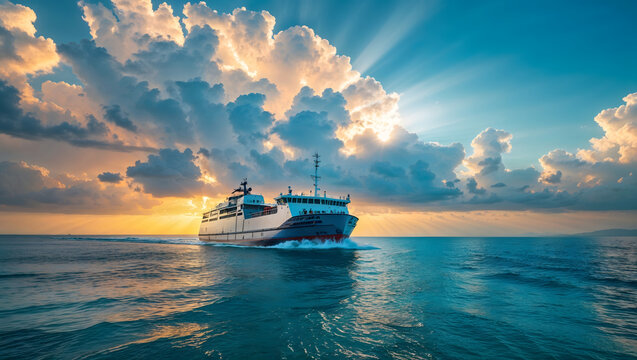 Ferry boat sailing on a vast turquoise sea with a dramatic cloudscape of cumulus and stratus clouds, illuminated by warm sunbeams generative AI
