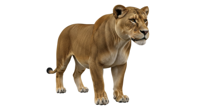 Isolated female lion stands and stares ahead, a majestic big cat of African wildlife