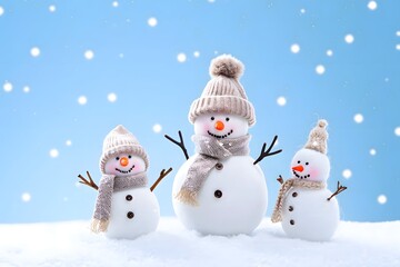 Three snowmen wearing hats and scarves stand in a snowy landscape with a light blue background