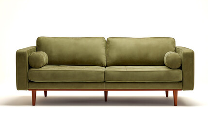 A retro olive green velvet sofa with rounded bolster pillows and tapered wooden legs, perfect for mid-century modern living rooms.