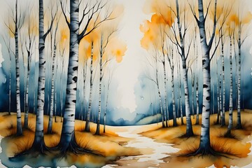 Watercolor painting of birch trees in a forest with a path leading into the distance landscape view