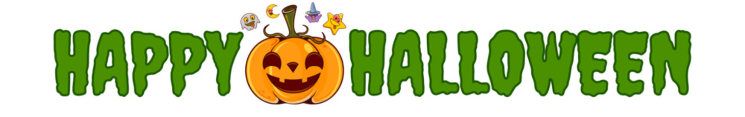 Funny cartoon pumpkin and green Happy Halloween text for a wide banner. Happy halloween wide banner with cartoon funky pumpkin and greeting green text