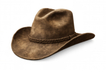 Brown suede cowboy hat with braided band, western style headwear for rodeo, ranching, and country lifestyle