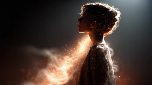 A Dreamlike Transformation: An Ethereal Portrait of a Figure Shrouded in Enigmatic Light and Cosmic Particles, Capturing the Essence of Inner Journey and Self-Discovery.