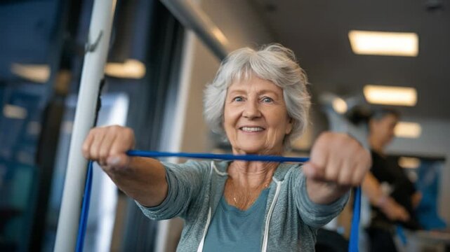 Active Senior's Exercise: An elderly woman, radiating joy and strength, engages in a resistance band workout, epitomizing health and vitality in her golden years.