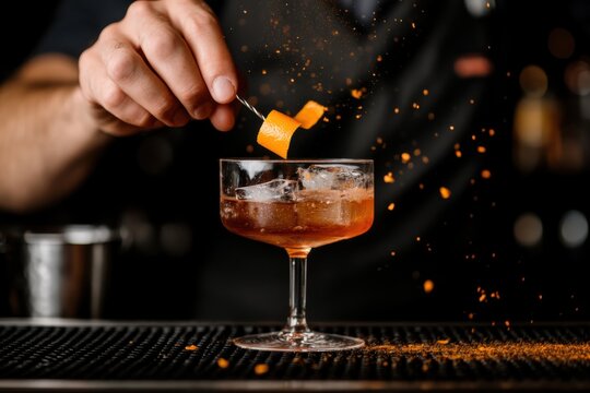 Macro cocktail garnished with orange peel, bartender hands visible
