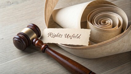 Wooden Gavel on Table with Legal Papers and Rights Unfold Sign Highlighting Justice and Law Concepts in Courtroom