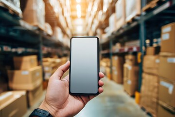 Hand Holding Smartphone Mockup in Warehouse Environment