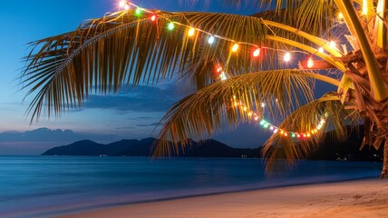 A tropical beach at dusk adorned with colorful string lights draped over a palm tree, with gentle waves lapping the shore.