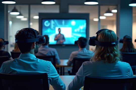 Office Workers Engaged in Virtual Reality Viewing of Live Presentation on Large Screen - Powered by Adobe