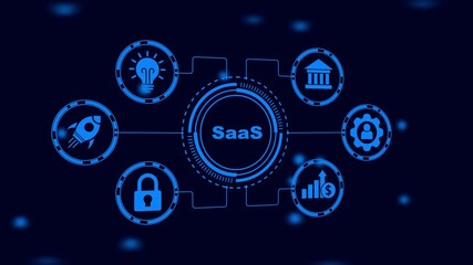 Software as a Service concept with connected icons and glowing blue background SaaS technology - Powered by Adobe