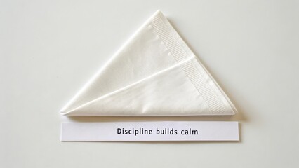 White folded napkin with a motivational quote on a clean background symbolizing discipline, calmness, and positive mindset
