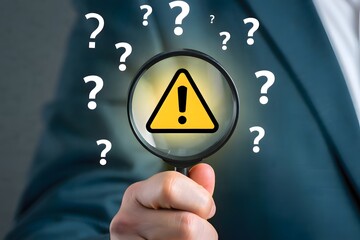 Person holding magnifying glass over warning sign surrounded by question marks in a blurred background