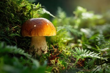 Boletus Mushroom Surrounded by Ferns and Moss in Sunlight