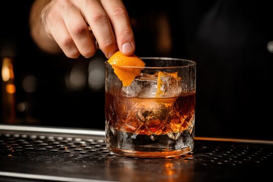Macro shot of cocktail garnished with orange peel autumn vibe
