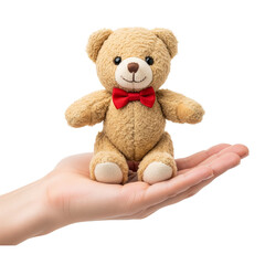 Obraz premium Hand holding teddy bear doll on Isolated transparent background png. generated with AI