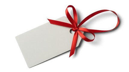 A blank white gift tag with a red ribbon tied in a bow, isolated on a white background.