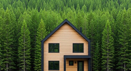 Modern Wooden House Nestled Amidst Lush Green Forest Trees