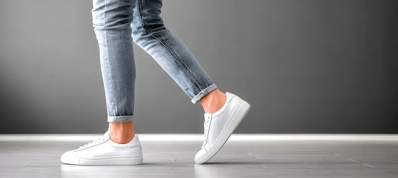 Minimalist Fashion Concept Casual Male Outfit in Denim Jeans and Trendy White Sneakers Walking