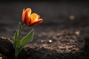 Obraz premium Blooming orange tulip on rough soil in afternoon sunlight