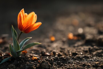 Obraz premium Blooming orange tulip on rough soil in afternoon sunlight