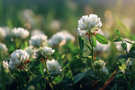 Blooming white clover flowers in sunny field meadow