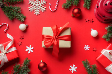 Christmas presents on red background.