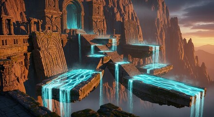 Ancient Floating City Mystical Waterfalls and Sunrise Light