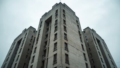 Obraz premium Brutalist concrete apartment blocks rise high into grey sky. Massive structures feature repetitive window patterns, balconies. Old Soviet-style residential buildings showcase imposing urban