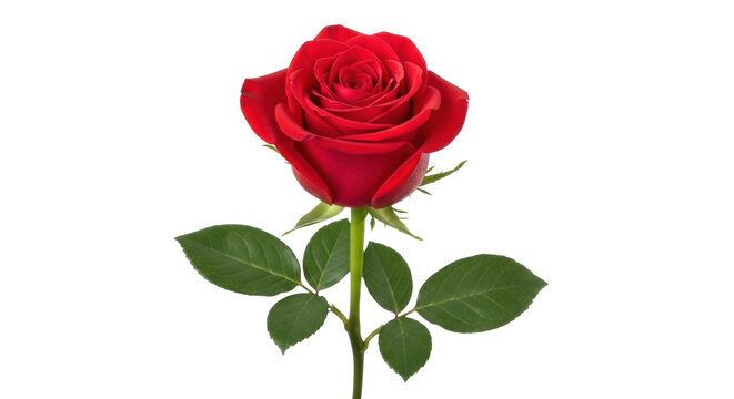 Isolated Red Rose, Bloom, Petals, and Leaves, a Close-Up View of a Beautiful Flower Plant